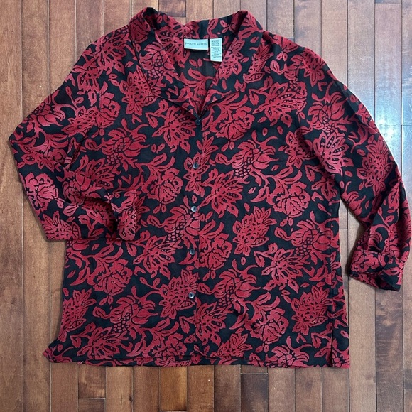 Jaclyn Smith Tops - Jaclyn Smith Women’s Black Sheer and Red Floral Appliqué Shirt Blouse Size XL